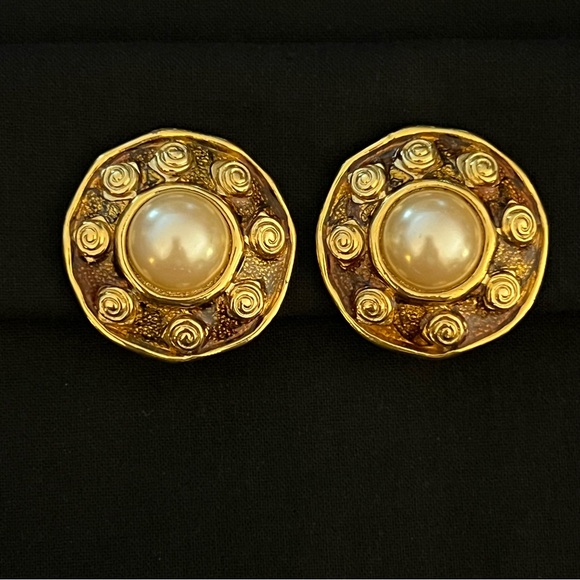 Gold Tone and Faux Pearl Earrings - Picture 9 of 9